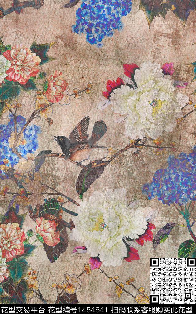 复古花卉大牌风数码印花华亿平台下载（图片编号: 1454641） - 瓦栏（Walan）