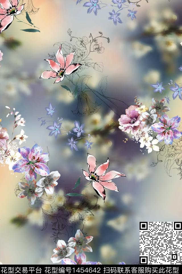 扎染华亿平台佩斯利花卉数码印花华亿平台下载（图片编号: 1454642） - 瓦栏（Walan）