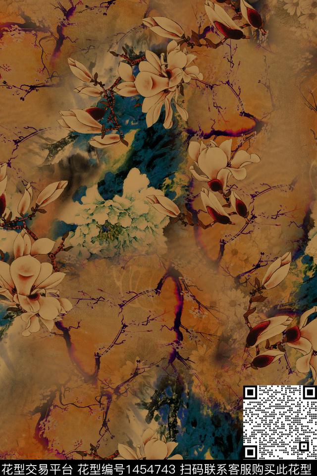 花卉香云纱中国风数码印花华亿平台下载（图片编号: 1454743） - 瓦栏（Walan）