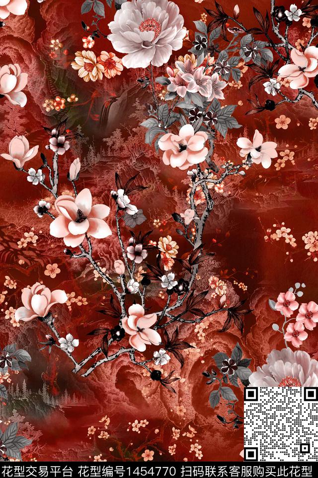 时尚花卉真丝数码印花华亿平台下载（图片编号: 1454770） - 瓦栏（Walan）