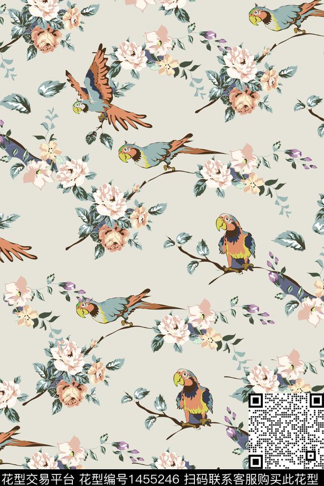 文艺花鸟复古数码印花华亿平台下载（图片编号: 1455246） - 瓦栏（Walan）