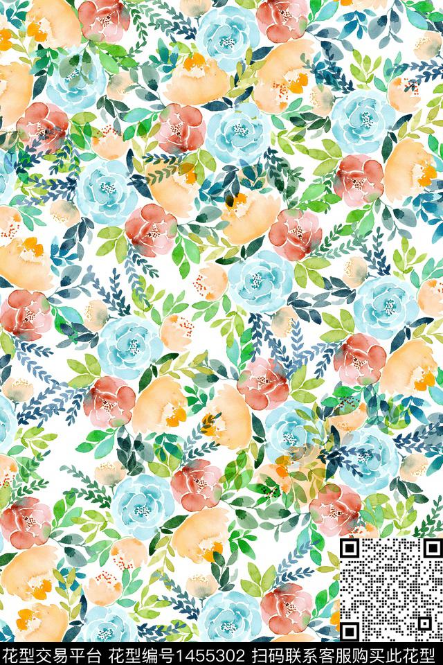 抽象花卉大牌风小清新数码印花华亿平台下载（图片编号: 1455302） - 瓦栏（Walan）