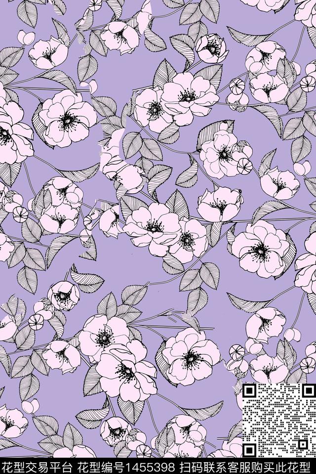 文艺复古花卉数码印花华亿平台下载（图片编号: 1455398） - 瓦栏（Walan）