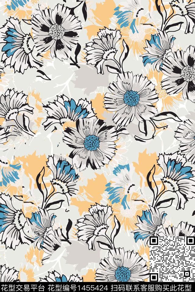 文艺复古花卉数码印花华亿平台下载（图片编号: 1455424） - 瓦栏（Walan）