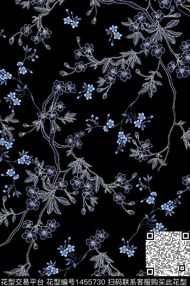 绿植树叶黑底花卉大牌风数码印花华亿平台下载（图片编号: 1455730） - 瓦栏（Walan）