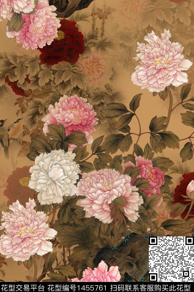 花卉香云纱中国风数码印花华亿平台下载（图片编号: 1455761） - 瓦栏（Walan）