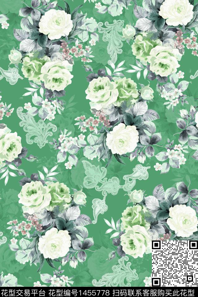 复古花卉大牌风数码印花华亿平台下载（图片编号: 1455778） - 瓦栏（Walan）