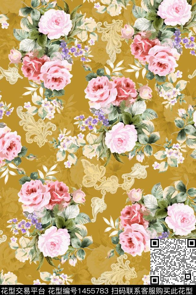 复古花卉大牌风数码印花华亿平台下载（图片编号: 1455783） - 瓦栏（Walan）