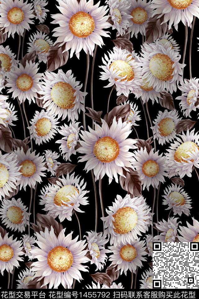 黑底花卉清爽底花卉花卉数码印花华亿平台下载（图片编号: 1455792） - 瓦栏（Walan）