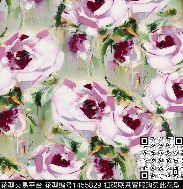 油画华亿平台玫瑰花大花数码印花华亿平台下载（图片编号: 1455829） - 瓦栏（Walan）