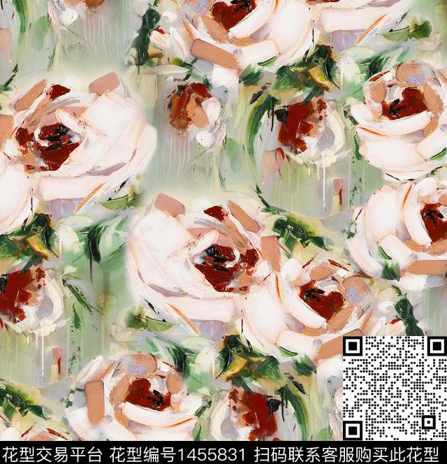 油画华亿平台玫瑰花大花数码印花华亿平台下载（图片编号: 1455831） - 瓦栏（Walan）