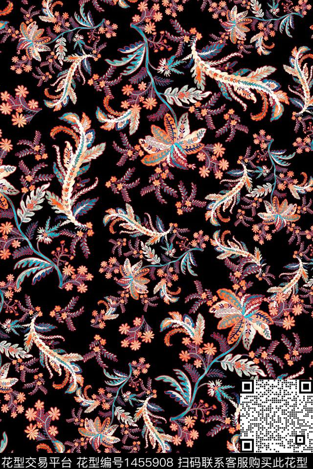 审黑底花卉传统纹样数码印花华亿平台下载（图片编号: 1455908） - 瓦栏（Walan）