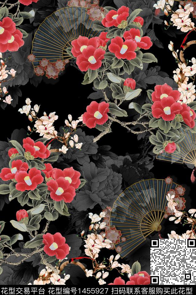 花卉香云纱中国风数码印花华亿平台下载（图片编号: 1455927） - 瓦栏（Walan）