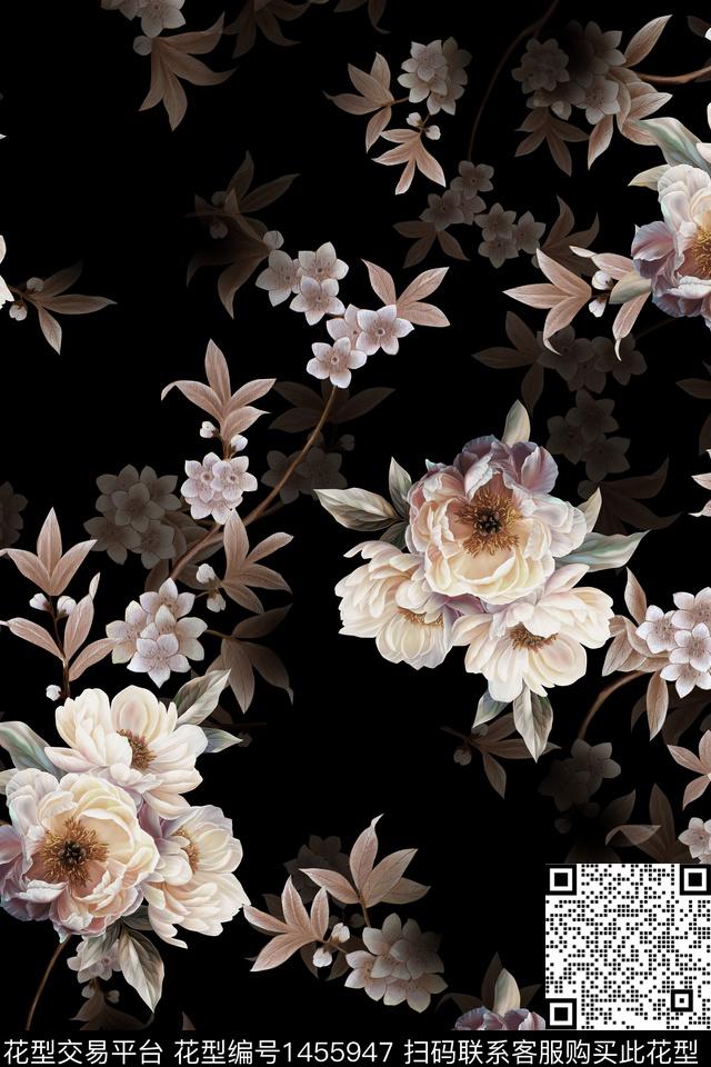 黑底花卉花卉大牌风数码印花华亿平台下载（图片编号: 1455947） - 瓦栏（Walan）