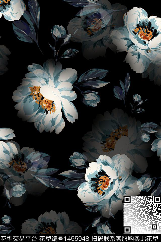 黑底花卉花卉大牌风数码印花华亿平台下载（图片编号: 1455948） - 瓦栏（Walan）