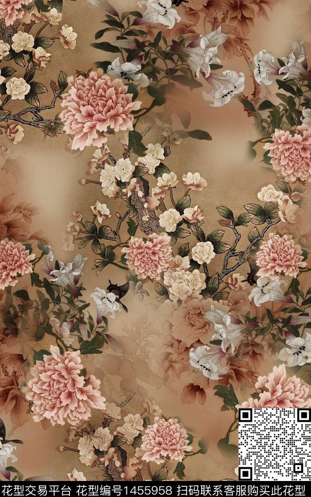 数码华亿平台花卉香云纱数码印花华亿平台下载（图片编号: 1455958） - 瓦栏（Walan）