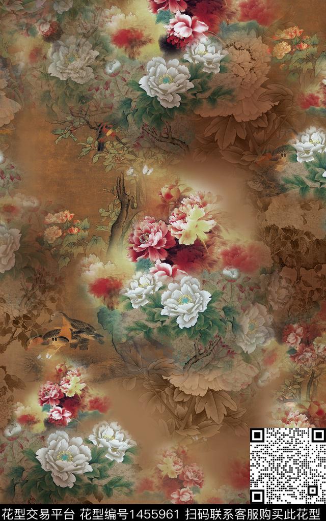 数码华亿平台花卉香云纱数码印花华亿平台下载（图片编号: 1455961） - 瓦栏（Walan）