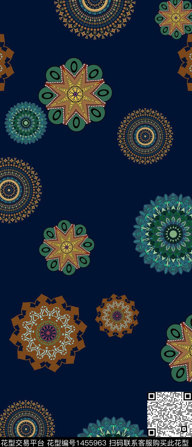 民族风花卉老蓝底传统印花华亿平台下载（图片编号: 1455963） - 瓦栏（Walan）