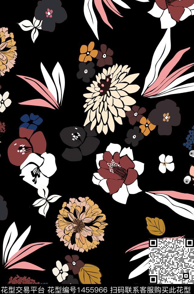 花卉抽象黑底花卉传统印花华亿平台下载（图片编号: 1455966） - 瓦栏（Walan）