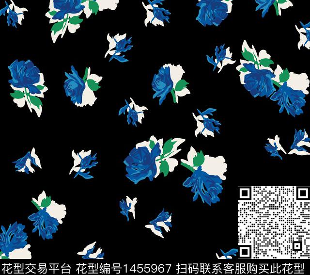 花卉抽象黑底花卉传统印花华亿平台下载（图片编号: 1455967） - 瓦栏（Walan）