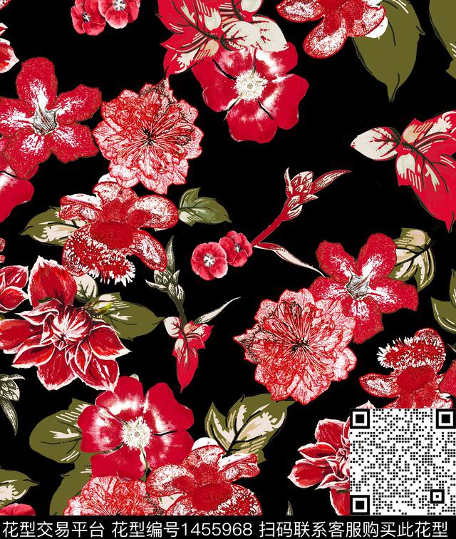 红花花卉黑底花卉数码印花华亿平台下载（图片编号: 1455968） - 瓦栏（Walan）