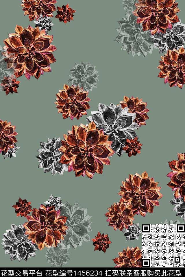 绿植树叶圆形花卉数码印花华亿平台下载（图片编号: 1456234） - 瓦栏（Walan）