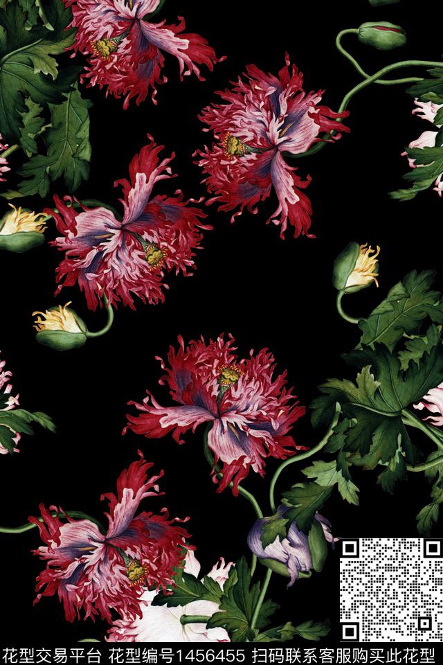黑底花卉绿植树叶花卉数码印花华亿平台下载（图片编号: 1456455） - 瓦栏（Walan）
