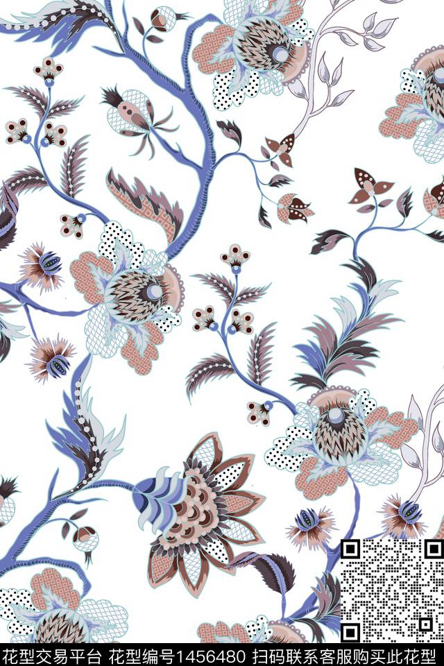 绿植树叶传统纹样佩斯利数码印花华亿平台下载（图片编号: 1456480） - 瓦栏（Walan）