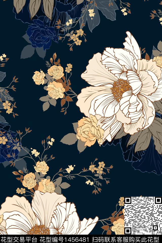 黑底花卉绿植树叶线条数码印花华亿平台下载（图片编号: 1456481） - 瓦栏（Walan）