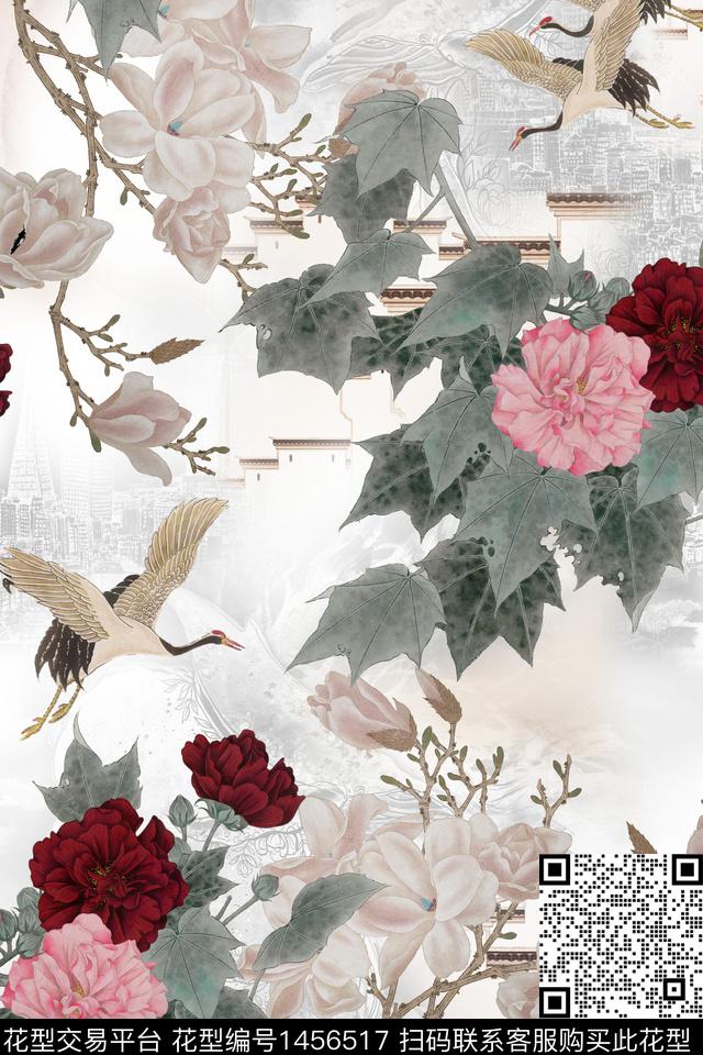 花卉中国风真丝数码印花华亿平台下载（图片编号: 1456517） - 瓦栏（Walan）