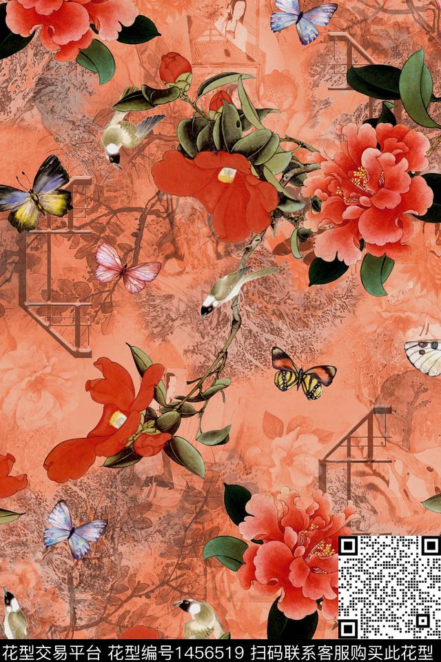花卉真丝中国风数码印花华亿平台下载（图片编号: 1456519） - 瓦栏（Walan）