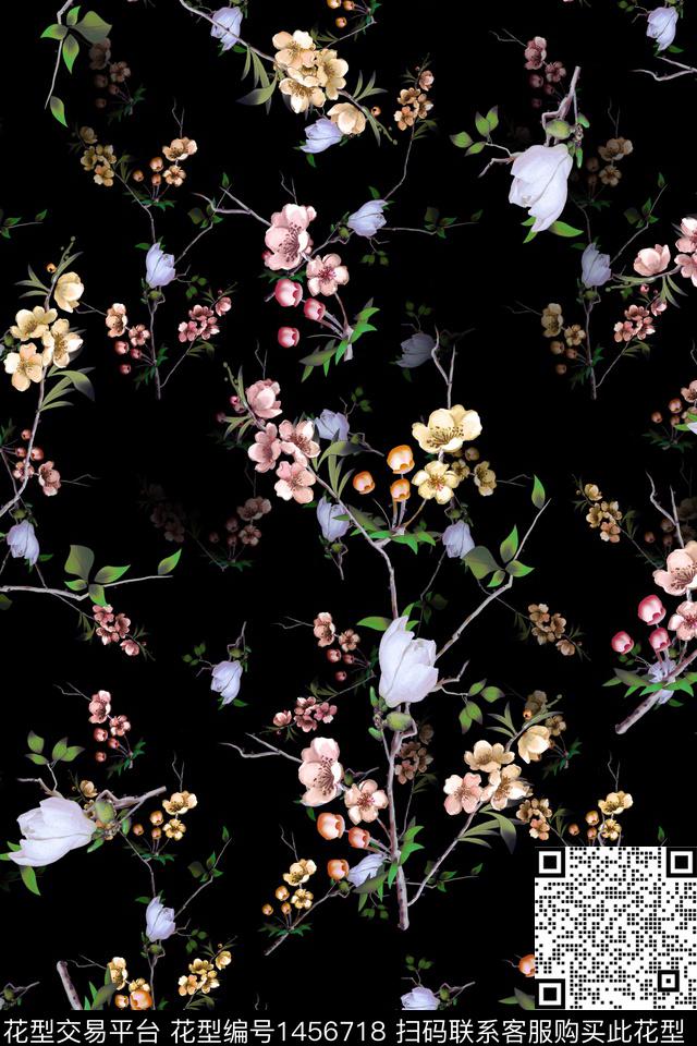 黑底花卉花卉大牌风数码印花华亿平台下载（图片编号: 1456718） - 瓦栏（Walan）