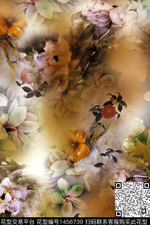 花卉大牌风香云纱数码印花华亿平台下载（图片编号: 1456739） - 瓦栏（Walan）