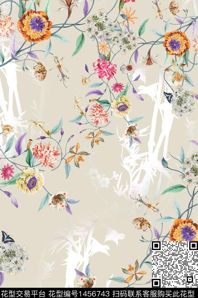 花卉大牌风中国风数码印花华亿平台下载（图片编号: 1456743） - 瓦栏（Walan）