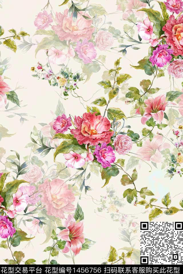时尚花卉真丝数码印花华亿平台下载（图片编号: 1456756） - 瓦栏（Walan）