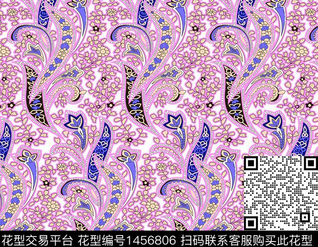 清爽底花卉佩斯利民族风数码印花华亿平台下载（图片编号: 1456806） - 瓦栏（Walan）