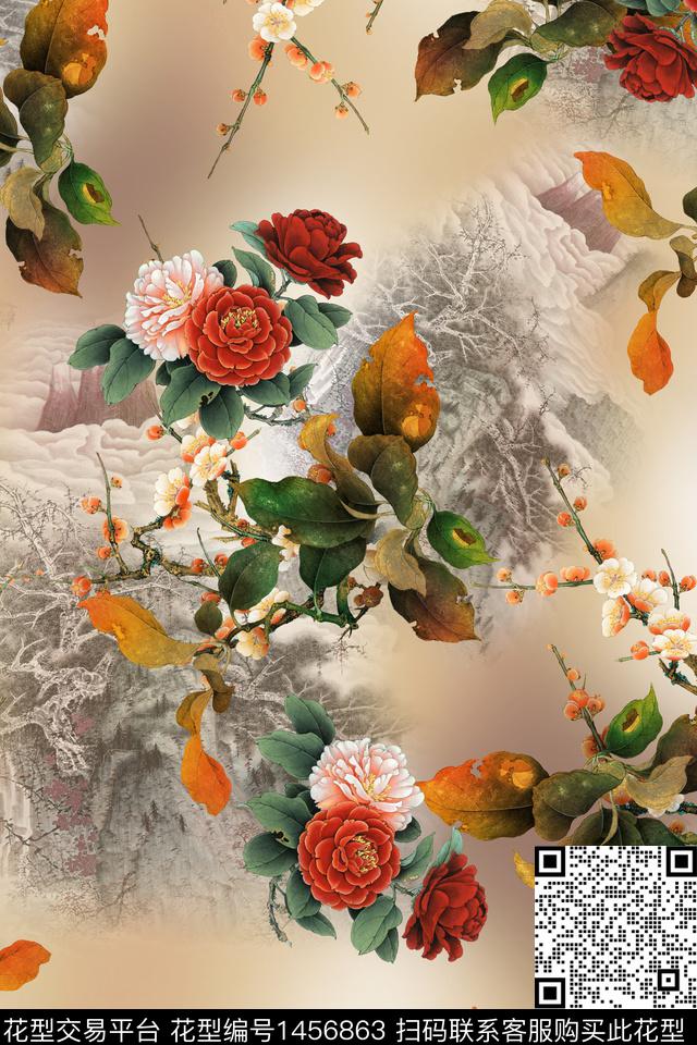 花卉大牌风香云纱数码印花华亿平台下载（图片编号: 1456863） - 瓦栏（Walan）