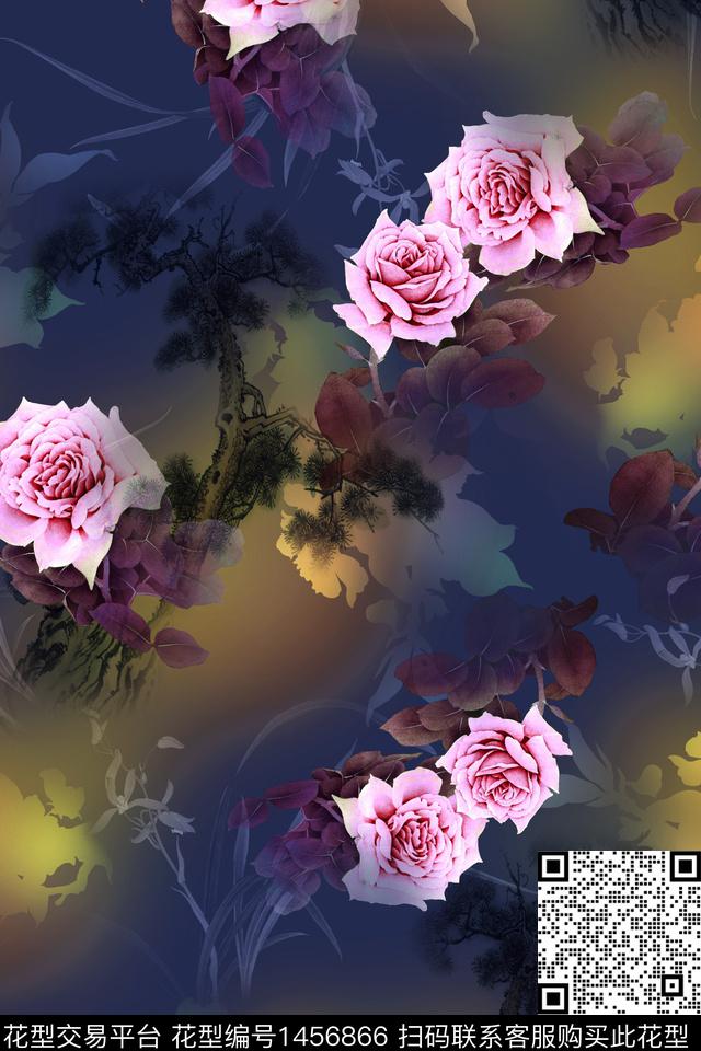花卉大牌风香云纱数码印花华亿平台下载（图片编号: 1456866） - 瓦栏（Walan）