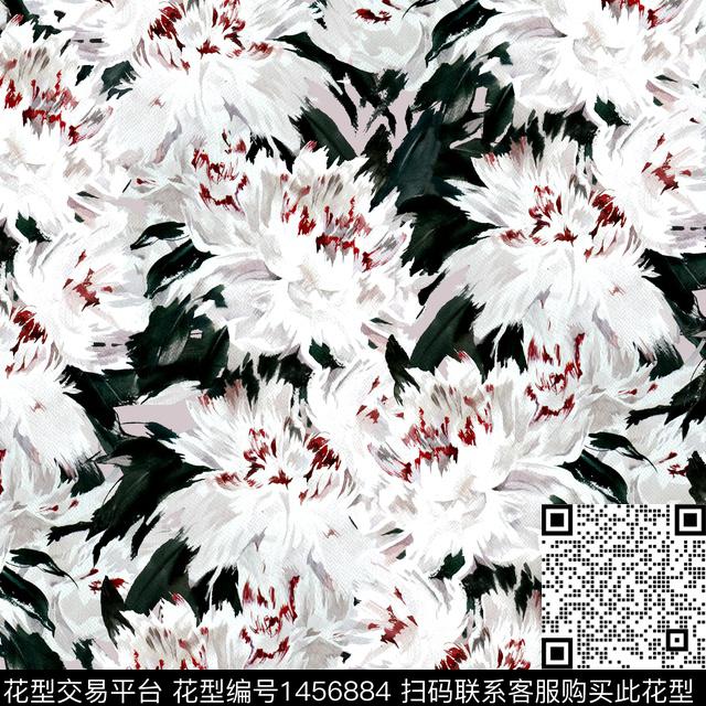 牡丹手绘大花2022春夏新品数码印花华亿平台下载（图片编号: 1456884） - 瓦栏（Walan）