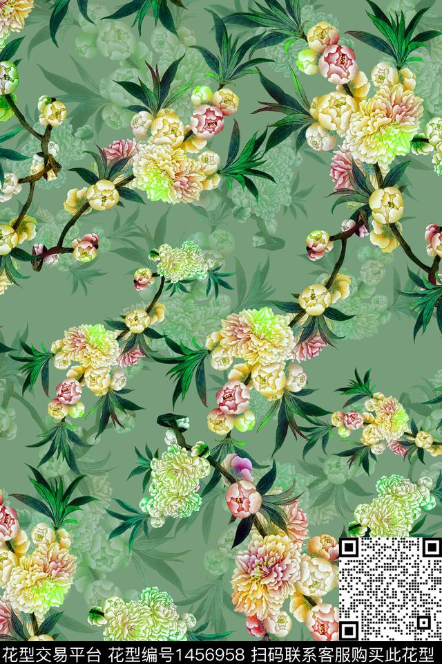 花卉香云纱真丝数码印花华亿平台下载（图片编号: 1456958） - 瓦栏（Walan）