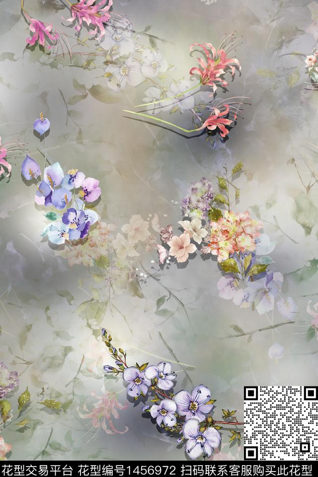 花卉香云纱真丝数码印花华亿平台下载（图片编号: 1456972） - 瓦栏（Walan）