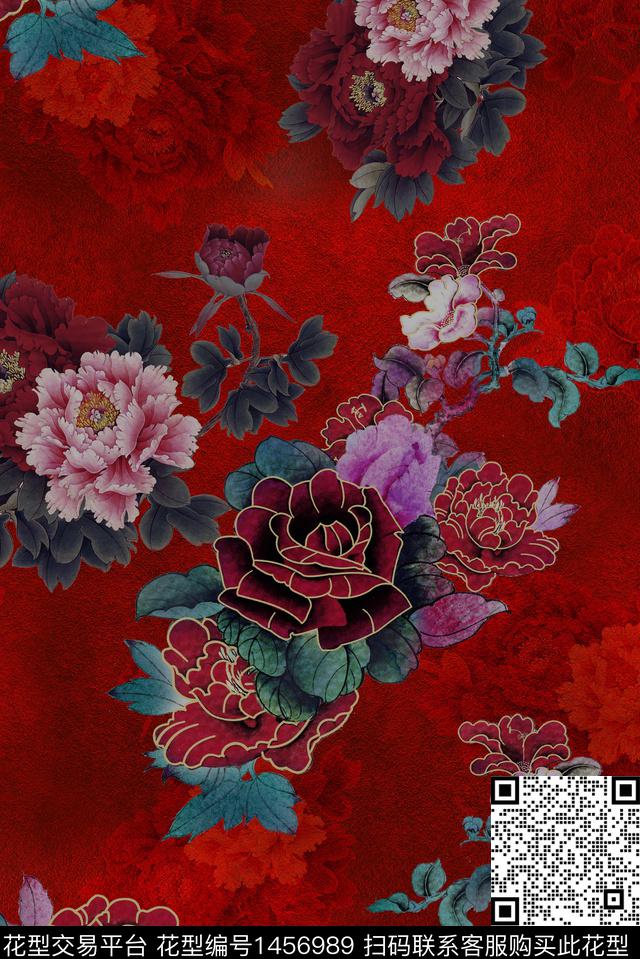 香云纱中国风牡丹数码印花华亿平台下载（图片编号: 1456989） - 瓦栏（Walan）
