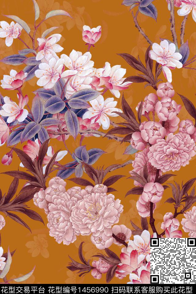 香云纱中国风国画花数码印花华亿平台下载（图片编号: 1456990） - 瓦栏（Walan）