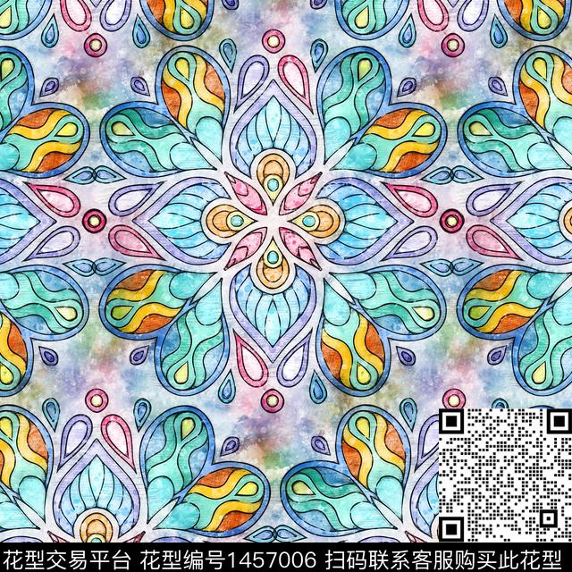 几何花卉几何水彩花卉数码印花华亿平台下载（图片编号: 1457006） - 瓦栏（Walan）