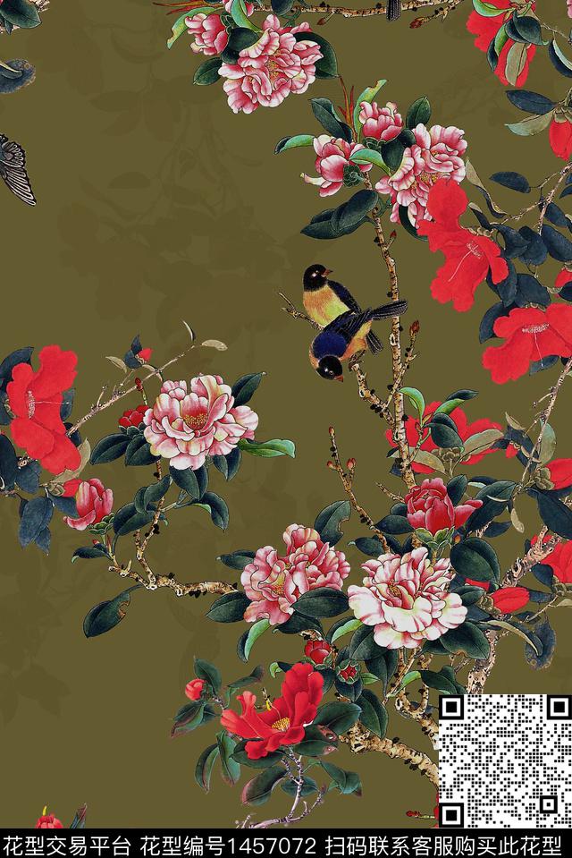 花鸟香云纱中国风花卉数码印花华亿平台下载（图片编号: 1457072） - 瓦栏（Walan）