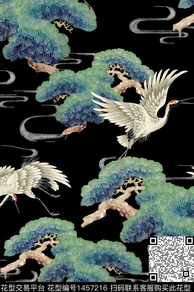 仙鹤中国风真丝数码印花华亿平台下载（图片编号: 1457216） - 瓦栏（Walan）