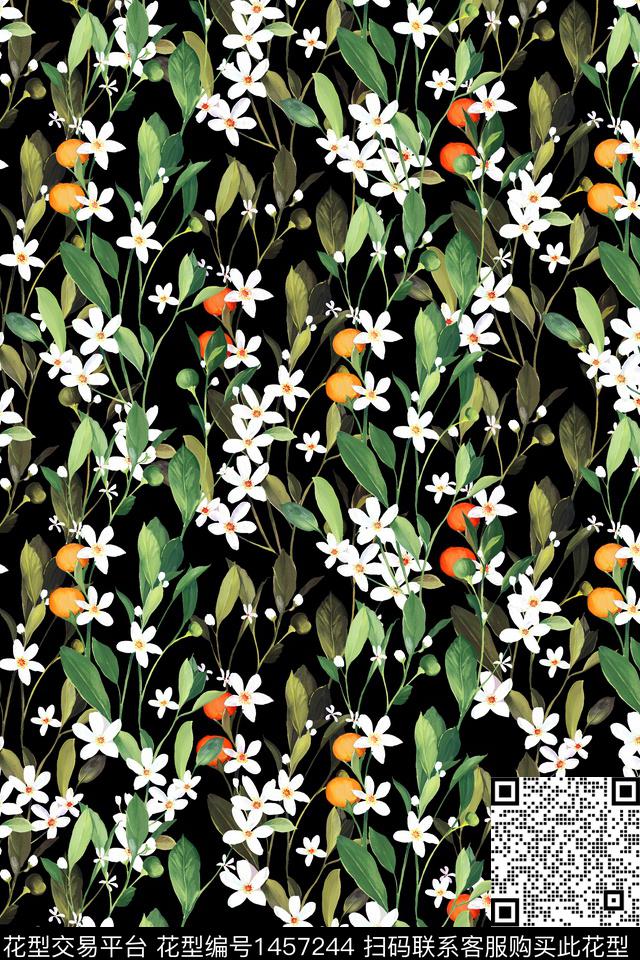 绿植树叶黑底花卉水彩数码印花华亿平台下载（图片编号: 1457244） - 瓦栏（Walan）
