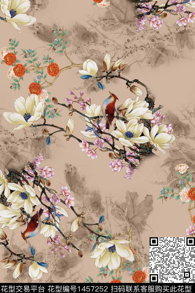 花卉香云纱中国风数码印花华亿平台下载（图片编号: 1457252） - 瓦栏（Walan）