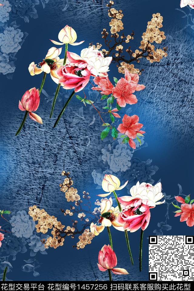 花卉香云纱中国风数码印花华亿平台下载（图片编号: 1457256） - 瓦栏（Walan）