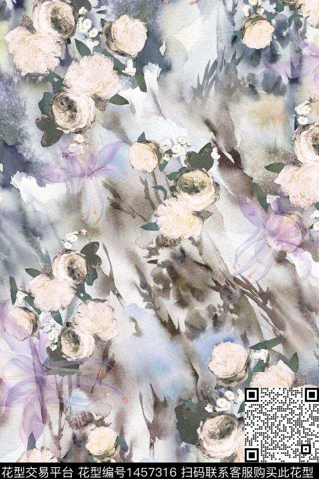 几何花卉彩底花卉简约传统印花华亿平台下载（图片编号: 1457316） - 瓦栏（Walan）